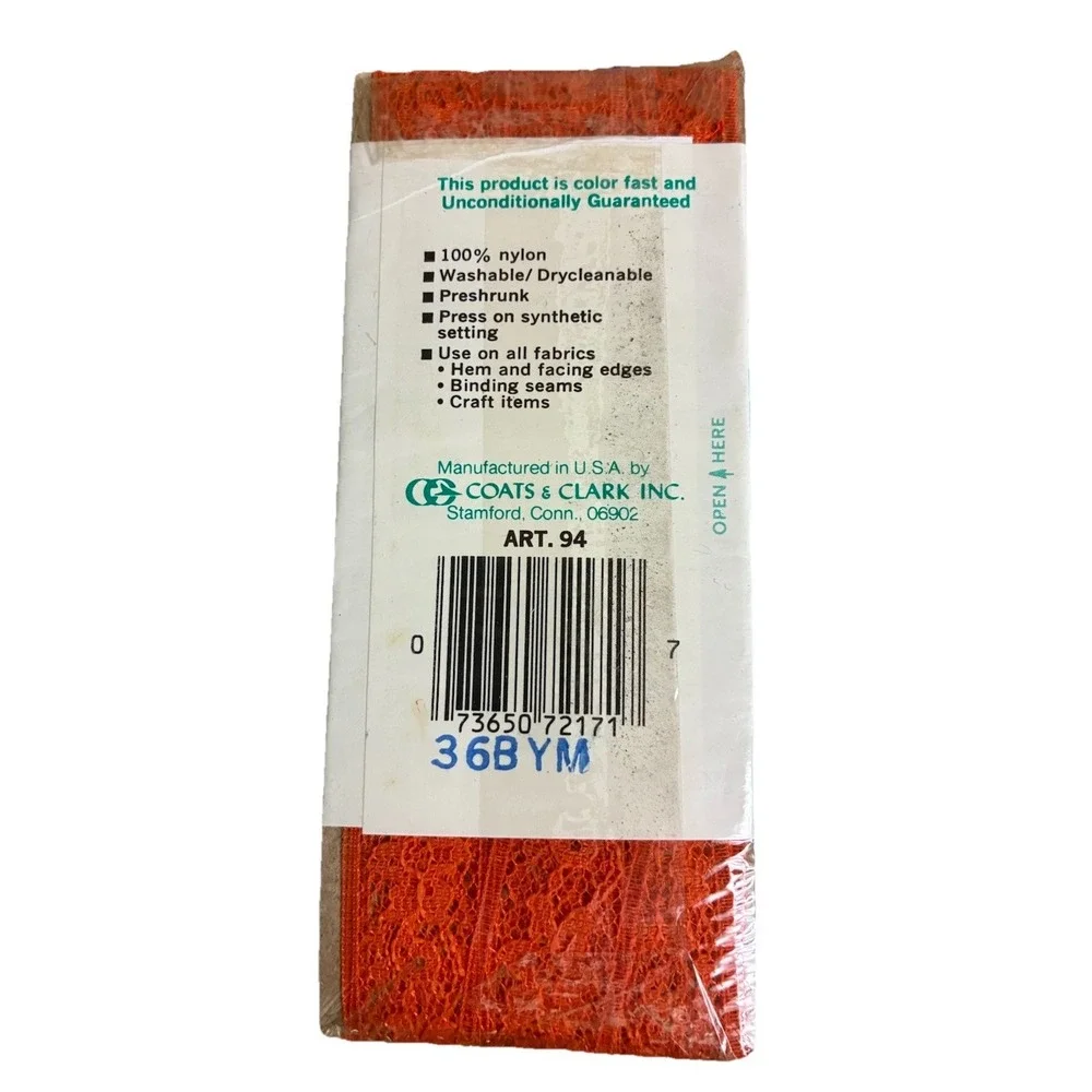Clark's O.N.T. Seam Binding Orange 3 yds Nylon‎ Stretch Lace 135 C Tango Vintage